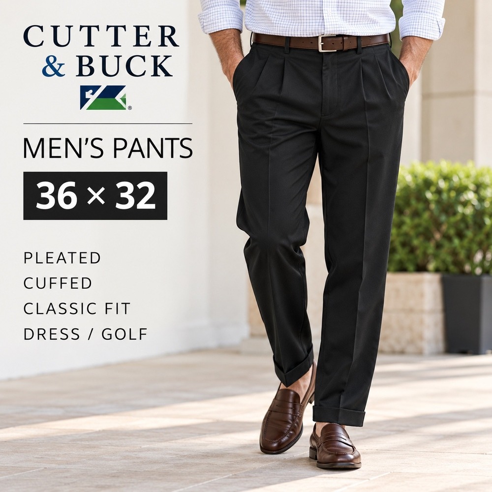 Cutter & Buck Dress Pants Mens 36x32 Black Pleated Cuffed Professional Trousers